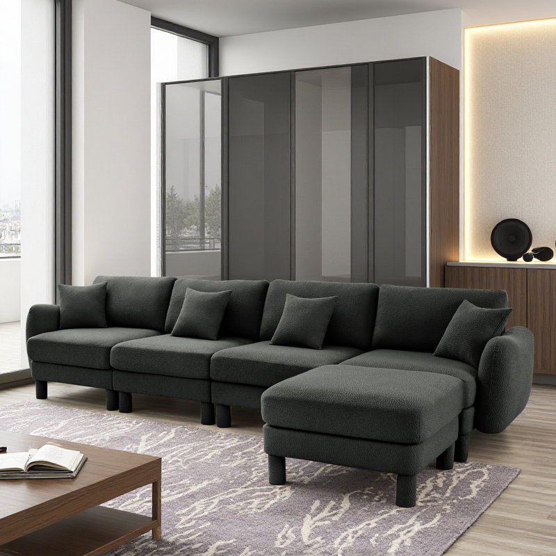 Boucle Fabric Convertible L Shape Sectional 4-Seater Sofa Couch With Distinctive Shell-Shaped Armrests And Removable Ottoman