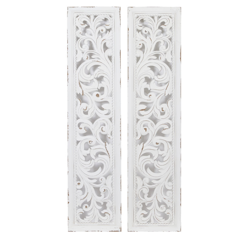 White Wood Intricately Carved Scroll Floral Wall Decor 12"W, 49.5"H