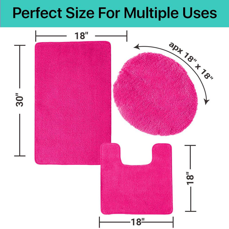 Mckeel Polyester Non-Slip Solid Bath Rug Set, Neon Pink