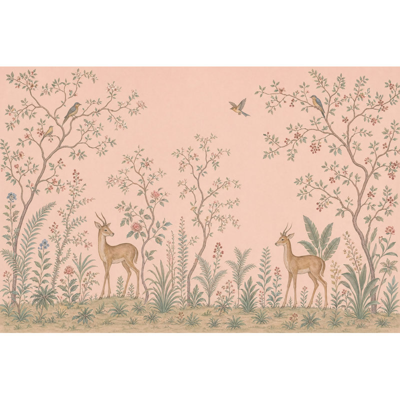 Toile paysage papier peint rosé rétro botanique, 140"x108", Peel and Stick