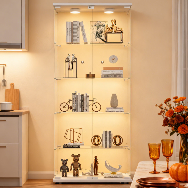 Vitrine en verre trempé à 5 tablettes avec lumière DEL et 2 portes Jabdiel, Blanc