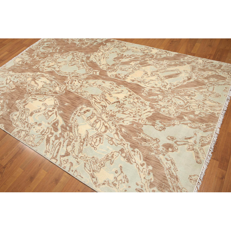 Tapis beige en laine noué à la main de conception unique 6 pi x 9 pi Aeronwen