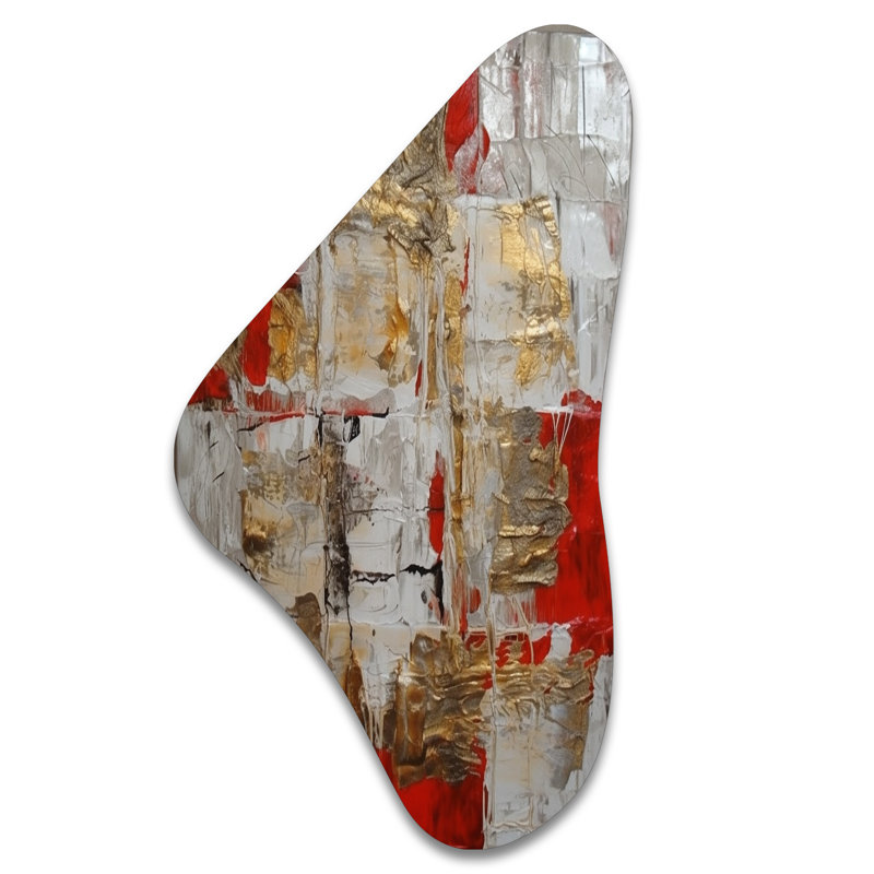 «Cardinal Sin Retro Delight Abstract Red & Gold I», art mural asymétrique en forme de Boomerang, H 31 po x l 17 po