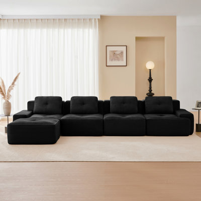 Canapé modulaire en forme de L de 153 po pour salon modulaire en tissu velours côtelé de 153 po avec siège profond et repose-pieds mobile, passepoil perlé, conception sans assemblage, conception antidérapante, noir