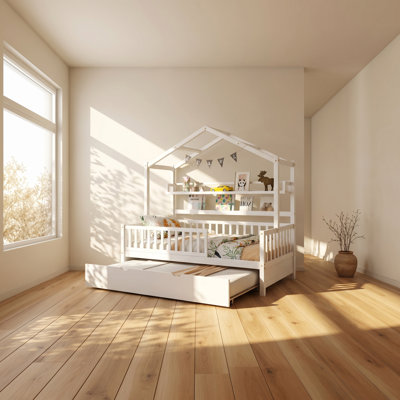 Lit simple en bois de pin massif avec lit gigogne et tablettes Aisley l 42,5 po x P 77,6 po x H 70,9 po