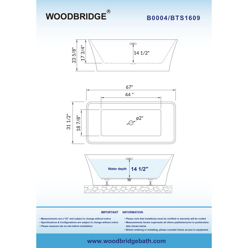 Baignoire de trempage autoportante rectangulaire en acrylique 67 po. X 31,5 po., Blanc/chrome