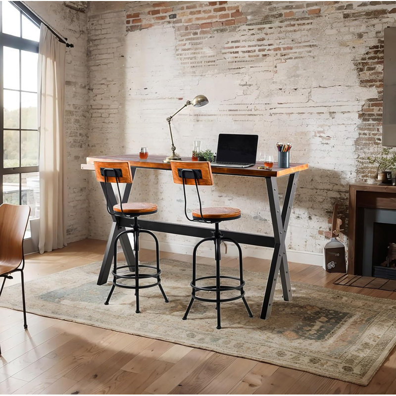3-Piece Table & Chairs Set,  Bar Dining Cafe Pub Party, Industrial Black Metal & Rustic Brown Wood, X-Leg Rectangular Table, 2 Swivel Adjustable Barstools With Backrest