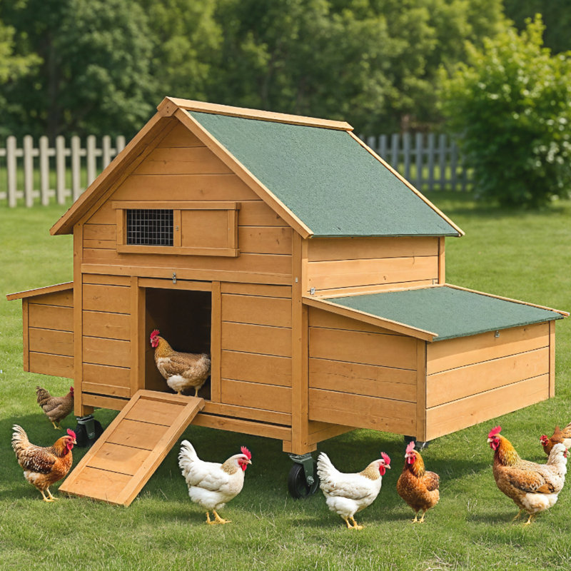Poulailler sur roulettes, grand poulailler mobile en bois pour 6 à 8 poulets, cage à volaille extérieure avec nichoir, poulailler pour l'extérieur de la cour arrière