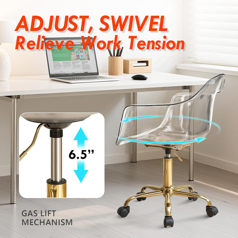 Fauteuil de bureau transparent en acrylique transparent, petit fauteuil de bureau moderne en acrylique avec roulettes, fauteuil roulant pivotant sans accoudoir pour bureau, maison, doré