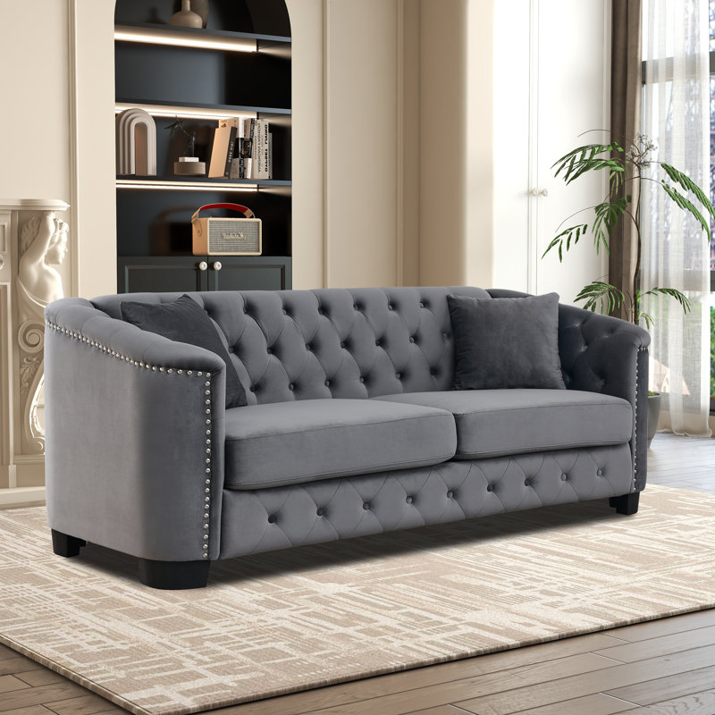 Canapé Chesterfield avec accoudoirs rembourrés en velours capitonné 3 places Chesterfield, Gris