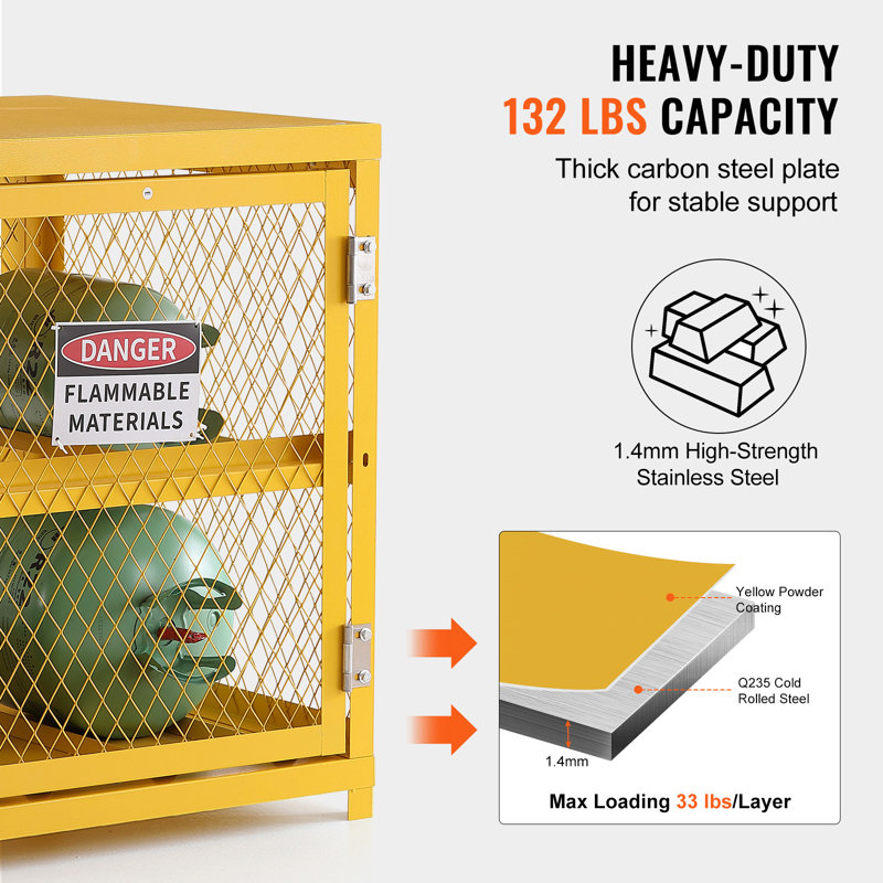 Horizontal Cylinder Storage Cabinet, 4 x 33 lbs Cylinder Capacity, 31.02x30.04x35 inch Propane Storage Cage, Gas Cylinder Cabinet, Yellow Powder Coat Finish, for Freon, Gases, Oxygen, Nitrogen