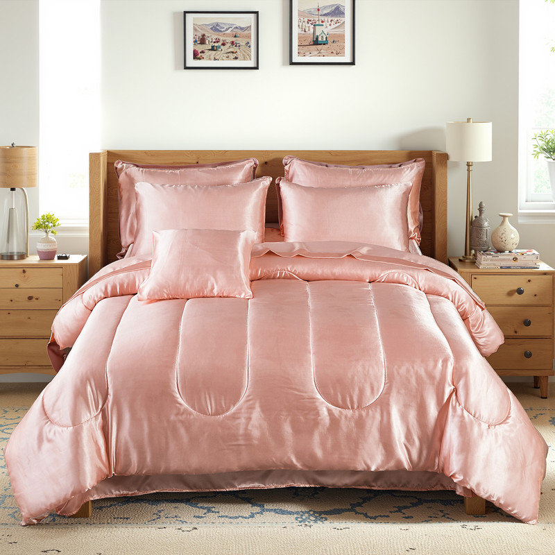 Ensemble d'édredon en satin pour lit très grand 8 pièces Satin Like Pink, Édredon très grand + 7 pièces supplémentaires, Rose