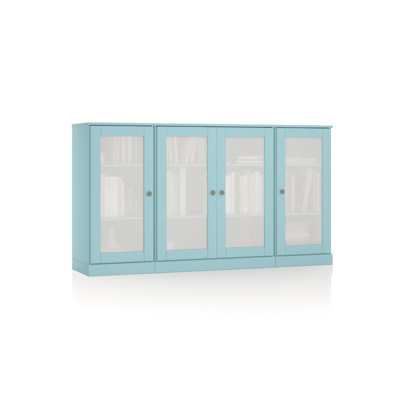Buffet 100% bois massif 65 po avec portes en verre givré et tablettes réglables, Bleu aqua