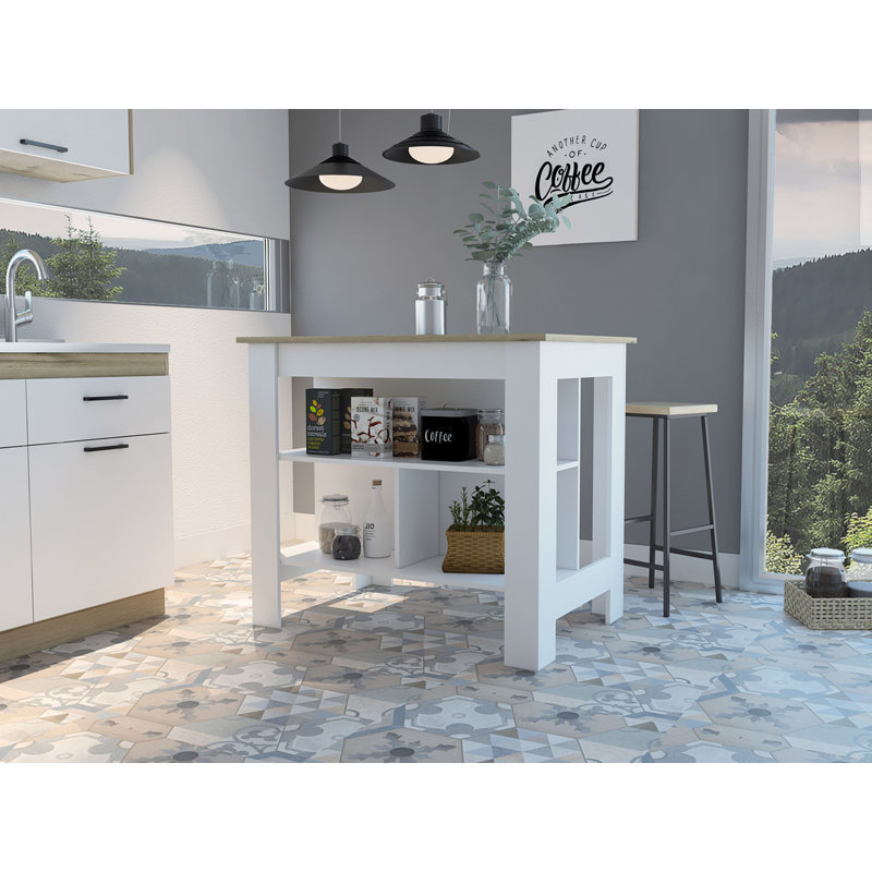 Îlot de cuisine, quatre pieds, trois tablettes, Bois naturel, Blanc