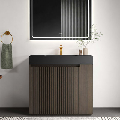 Meuble-lavabo moderne en chêne fumé avec grand rangement et lavabo à quartz