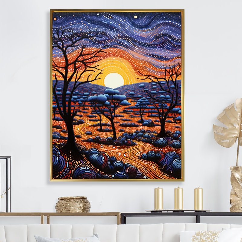 «Native Ancestral Sunrise Landscape» sur toile, H 32 po x l 16 po x P 1 po, Cadre flottant doré