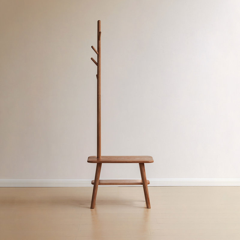 Natural Solid Wood Shoe Stool With Cloth Hanger, Mid-Century Storage Bench With High Rebound Sponge Cushion For Entryway And Living Spaces