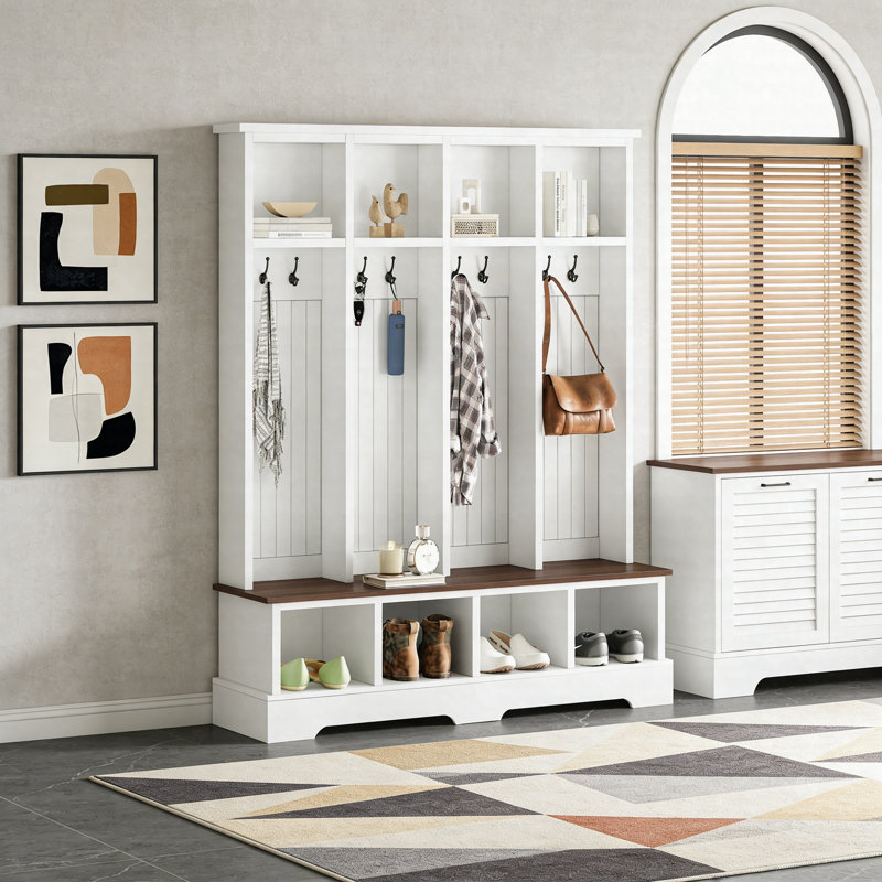 Farmhouse Hall Tree With 8 Hooks And Storage Bench – 76.7" 3-In-1 Entryway Coat Rack With Open Shoe Compartments, White