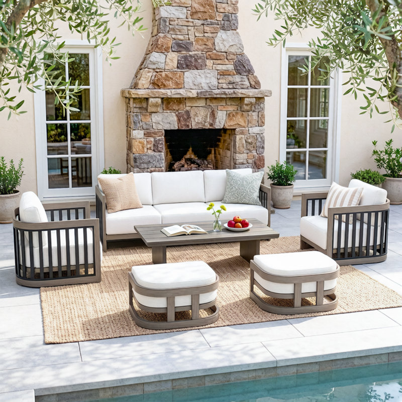 Sereno Patio 5 Person Aluminum Conversation Set With Cushions And Ottomans, Smoked Gray