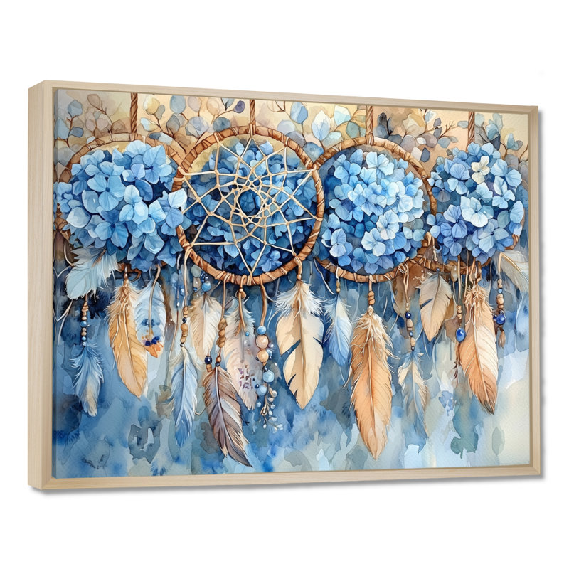 Décoration murale longue hortensias et Dreamcatchers - hydrangées, H 34 po x l 44 po, Floater Framed, Brun