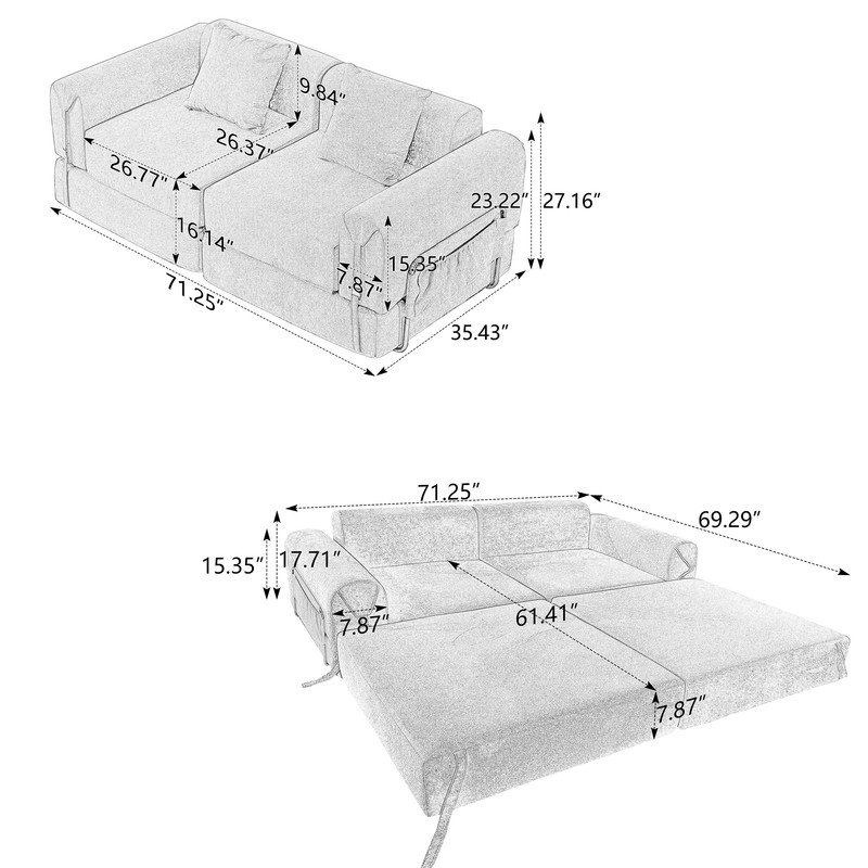 Convertible 4-in-1 Sofa Bed-Chair, Lounger, Sleeper with Pillows, Beige Polyester Blend