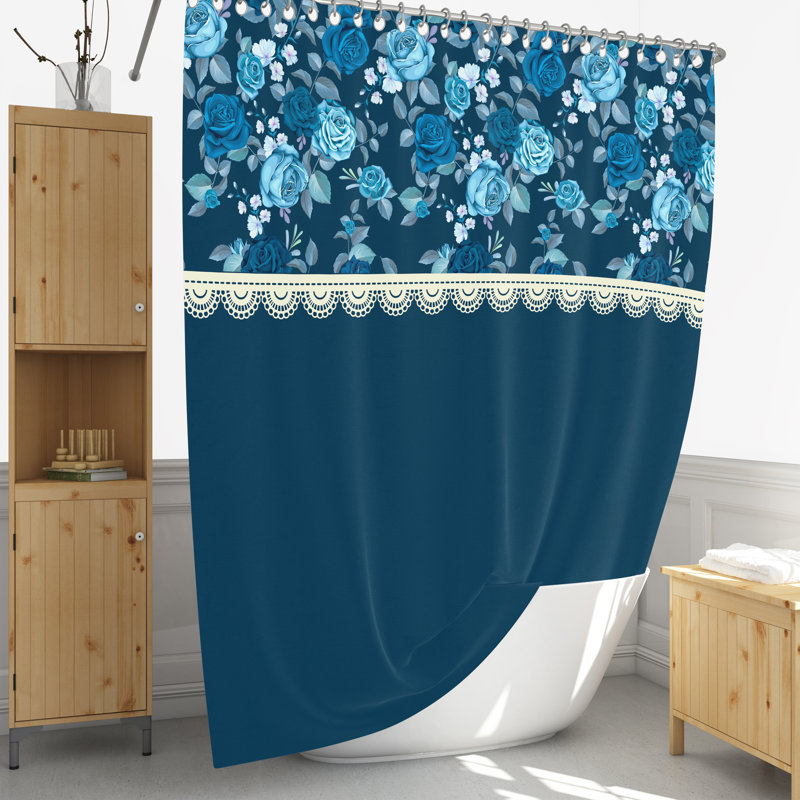 Blue Rose Patterned Shower Curtain, 93" H x 70" W