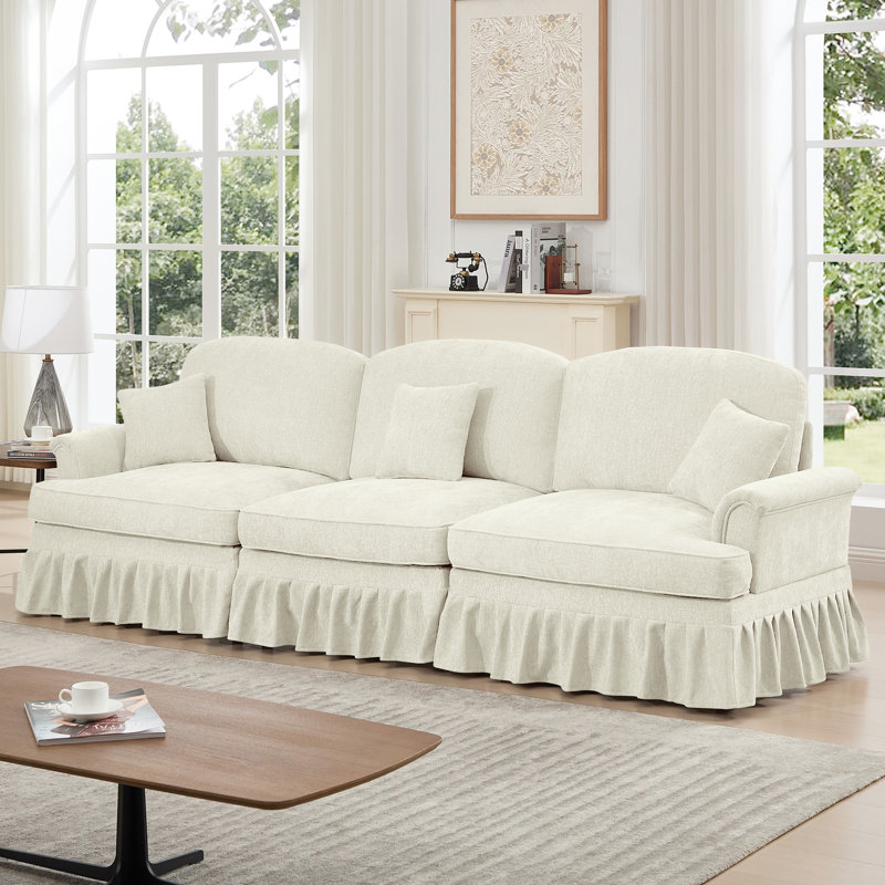 Grande jupe plissée en chenille à 3 places avec volants détachables, conception élégante Mid-Century, pieds évasés et fuselés, confortable pour le salon, couleur blanc beige, plusieurs options de disposition à trois pétales