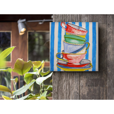 8x8" Stack of Tea Cups with Striped Background Ceramic Art Tile Trivet Hot Plate