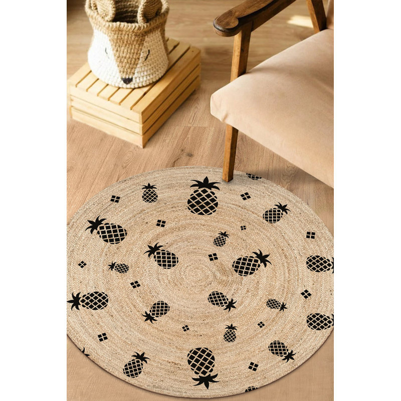 Tapis rond en jute tissé à la machine beige, Rond 4 pi 11 po