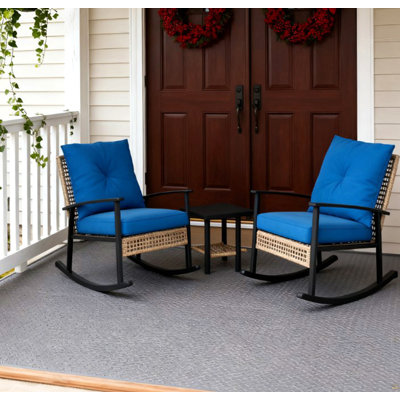 Rattan Rocking Chairs, Coffee Table,Button Tufted Cushions With Patio Furniture Set