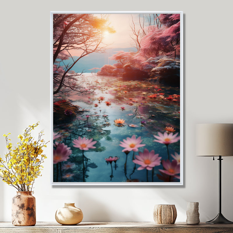 Rivière rose soleil bleu avec fleurs de lotus rose - décoration murale Lotus, Cadre flottant blanc, bois massif