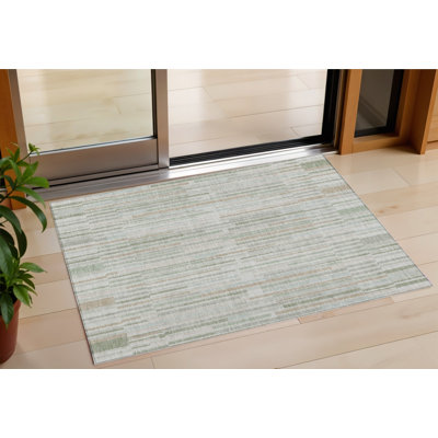 3' X 5' Sage And Ivory Striped Washable Indoor Outdoor Area Rug