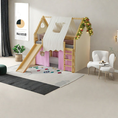 Creative Loft Wood Bed With Slide And Tents, Space-saving Design