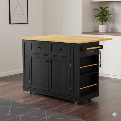 Îlot de cuisine sur roulettes de 48 pouces, conception à abattants, prise de courant intégrée, support de rangement interne, 5 roulettes, 5 supports de rangement latéraux ouverts - finition noire, livrés en deux paquets (sans tabourets inclus)