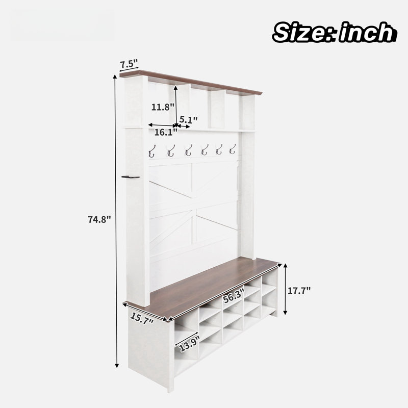 Farmhouse 4-in-1 Hall Tree With 6 Hooks, Entryway Bench With Adjustable Shelves, 16 Open Compartments And A Side Umbrella Rack