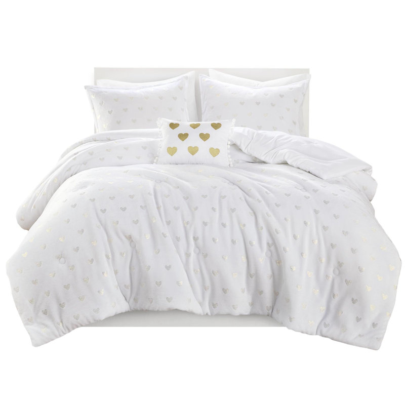 3 Pcs Twin/Twin Xl White/Gold Metallic Printed Soft Microlight Comforter With Filling, - , Spot Cleanable Print, Decorative Pillow,