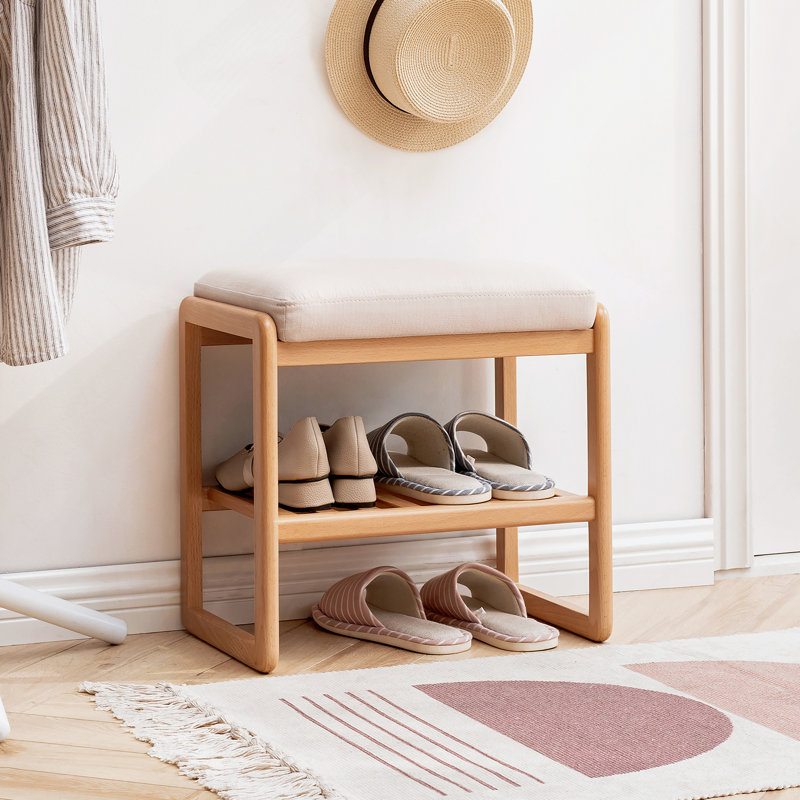 Banc à chaussures en bois massif, étagère de rangement en bois de hêtre avec coussin, Beige