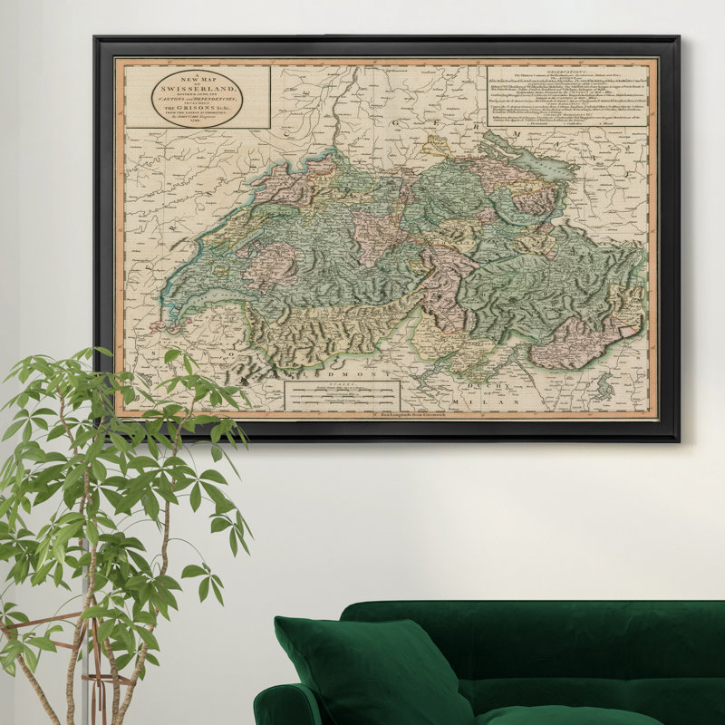 " Vintage Map Of Switzerland ", Black Framed, 26.5" H x 36.5" W x 1.5" D