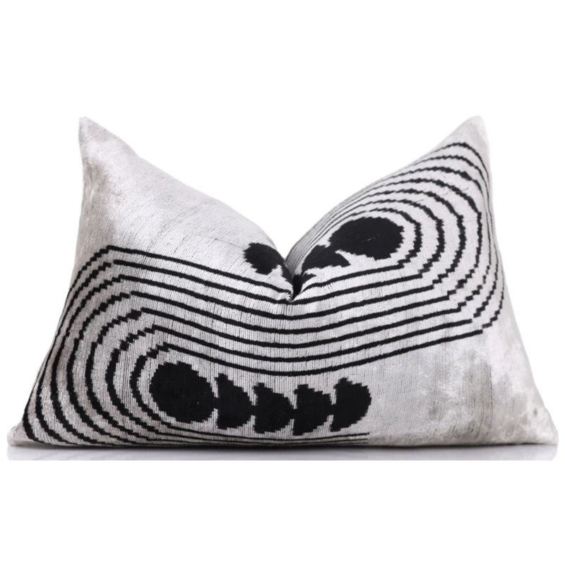 Handmade Silver Black Velvet Lumbar Pillow 16X24 – Modern Geometric Designer Cushion