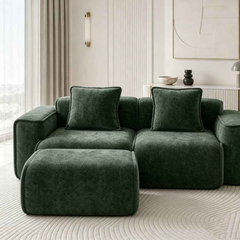 Canapé modulaire en L sans siège avec repose-pieds et sans assemblage, 2-Seater & 1-Ottoman, Green