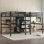 Lit mezzanine simple au-dessus d'un lit simple en métal avec bureau double, armoire et tablettes avec prise électrique pour économiser de l'espace et réduire le bruit