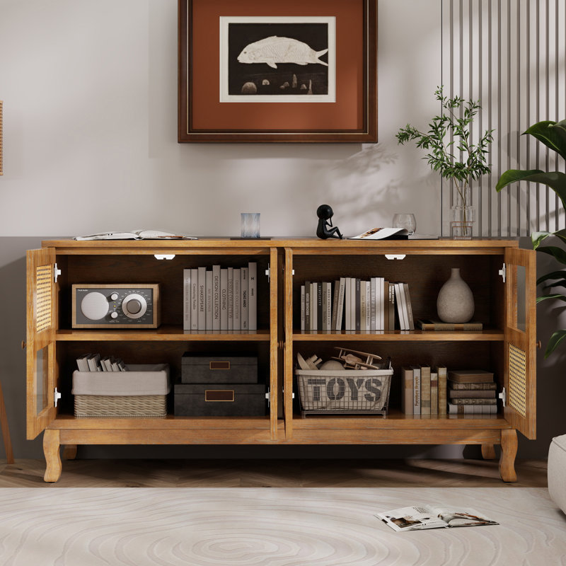 Aroma Retro 4-Door Sideboard With Large Storage Space And Rattan Doors, Brown