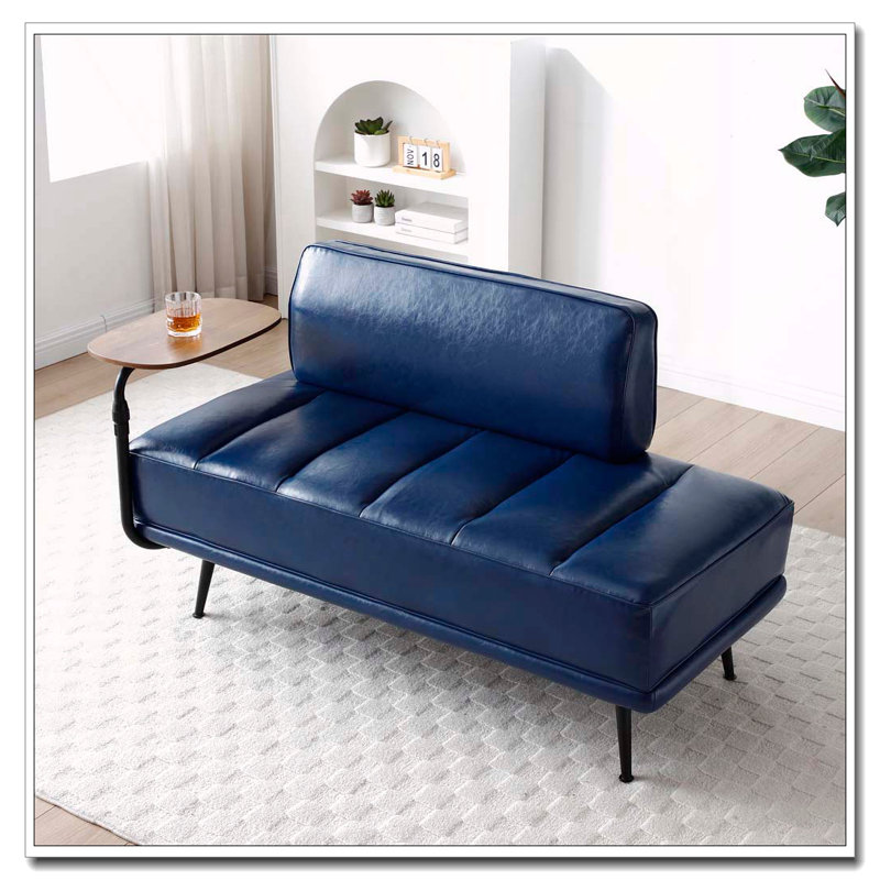 Banc de bout moderne de 55 po de large avec revêtement en similicuir et table d'appoint, Bleu