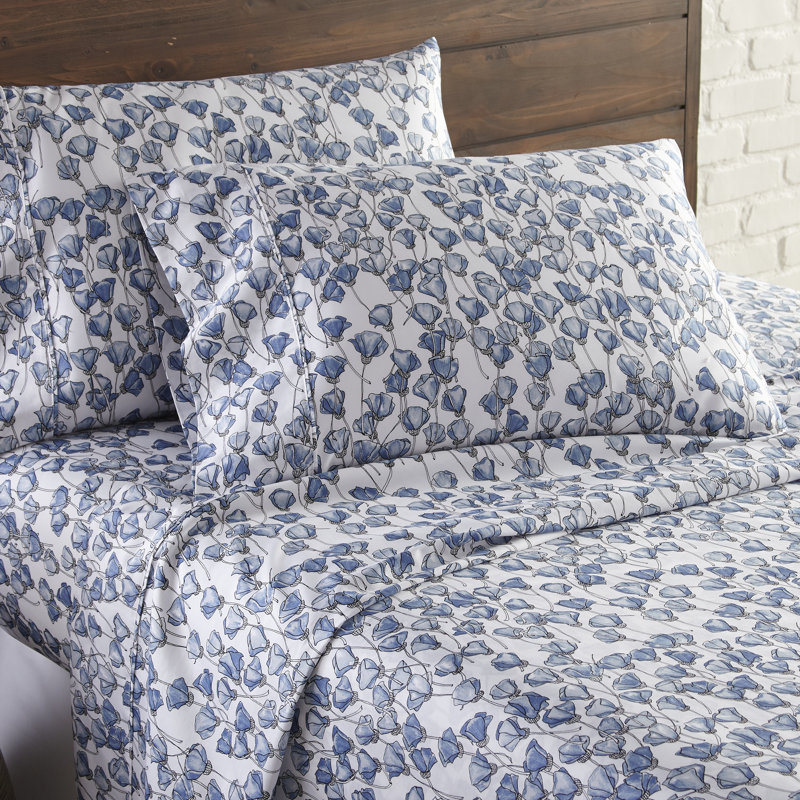 Forevermore 300 Thread Count Floral 100% Cotton Sateen Sheet Set, Cal.King Sheet Set + 1 Fitted Sheet + 2 Pillowcase, Blue