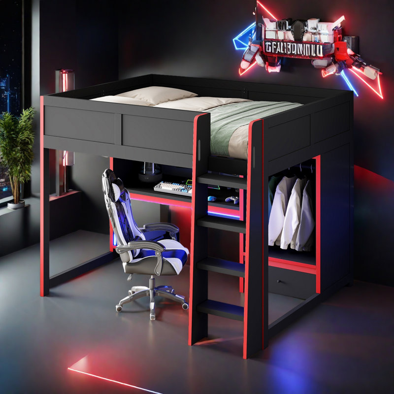 Lit mezzanine en bois avec bureau intégré, garde-robe, DEL et tiroir, Complète