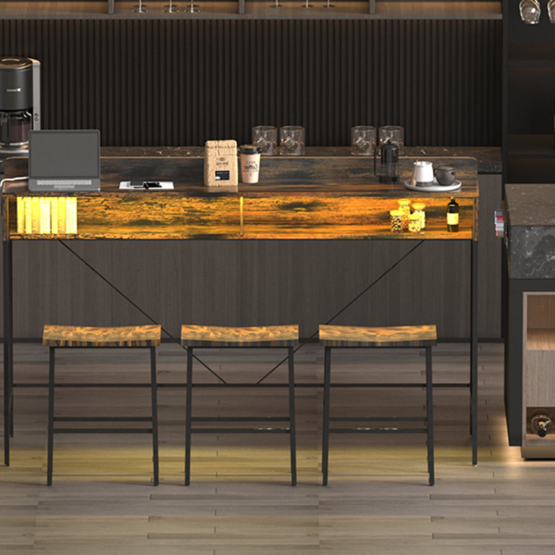 59 Inch Bar Table, Dining Table, Sofa Table With Power Socket And LED Light, 3 Saddle Stools, 4-Piece Bar Table And Chairs Set For Living Room