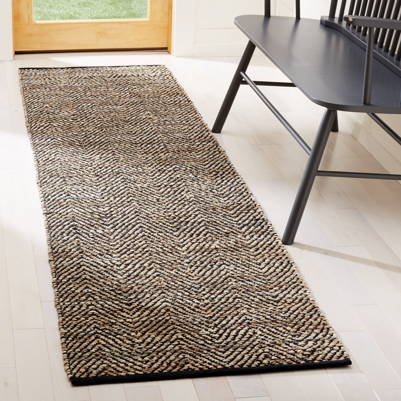 Nakke Vintage Leather Hand Woven Leather/Cotton Geometric Rug in Beige, Runner 2'3" x 6'