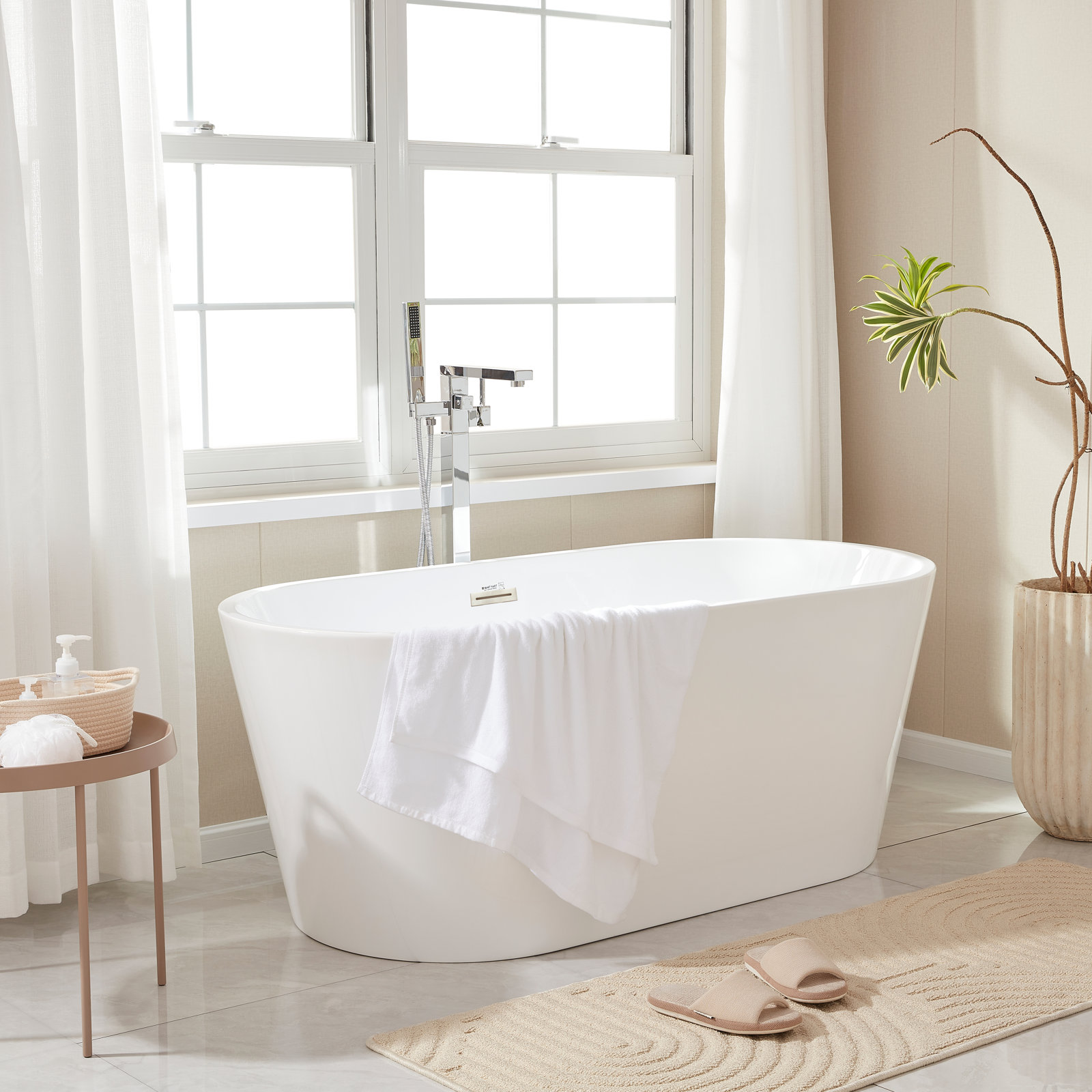 Iris 59" Freestanding Soaking Acrylic Bathtub, White/Brushed Nickel