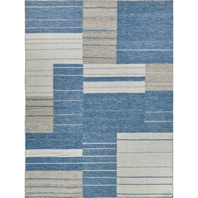 Exquisite Rugs Scandinavian Handmade Handloomed New Zealand Wool Blue/Ivory Area Rug