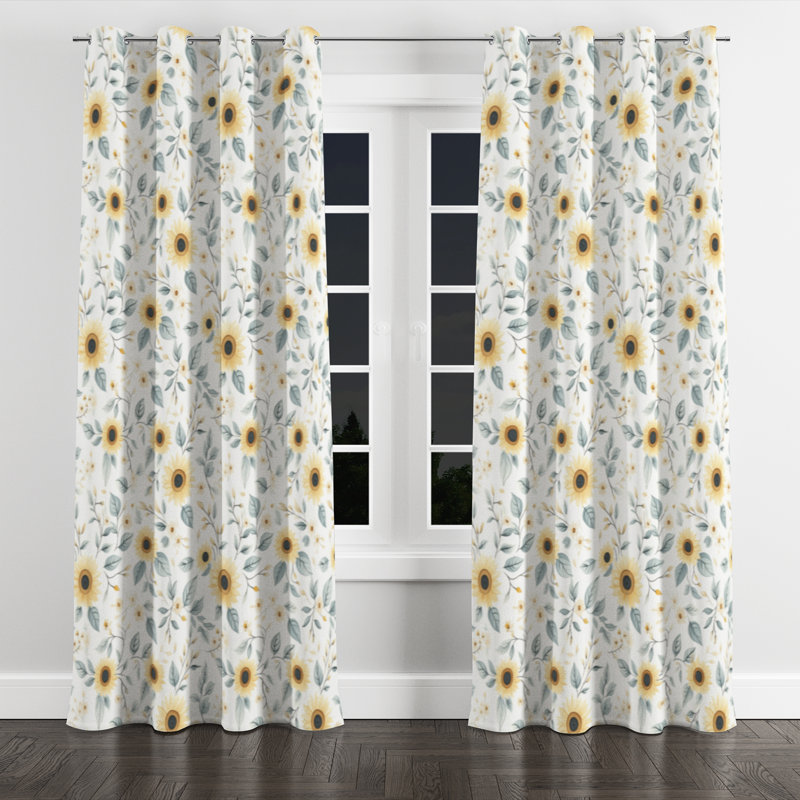 Country Farmhouse Room Darkening Curtains - Yellow Sunbeam Blooms Grommet Curtain - 1 Panel, 52" W x 63" L, Silver Grommets